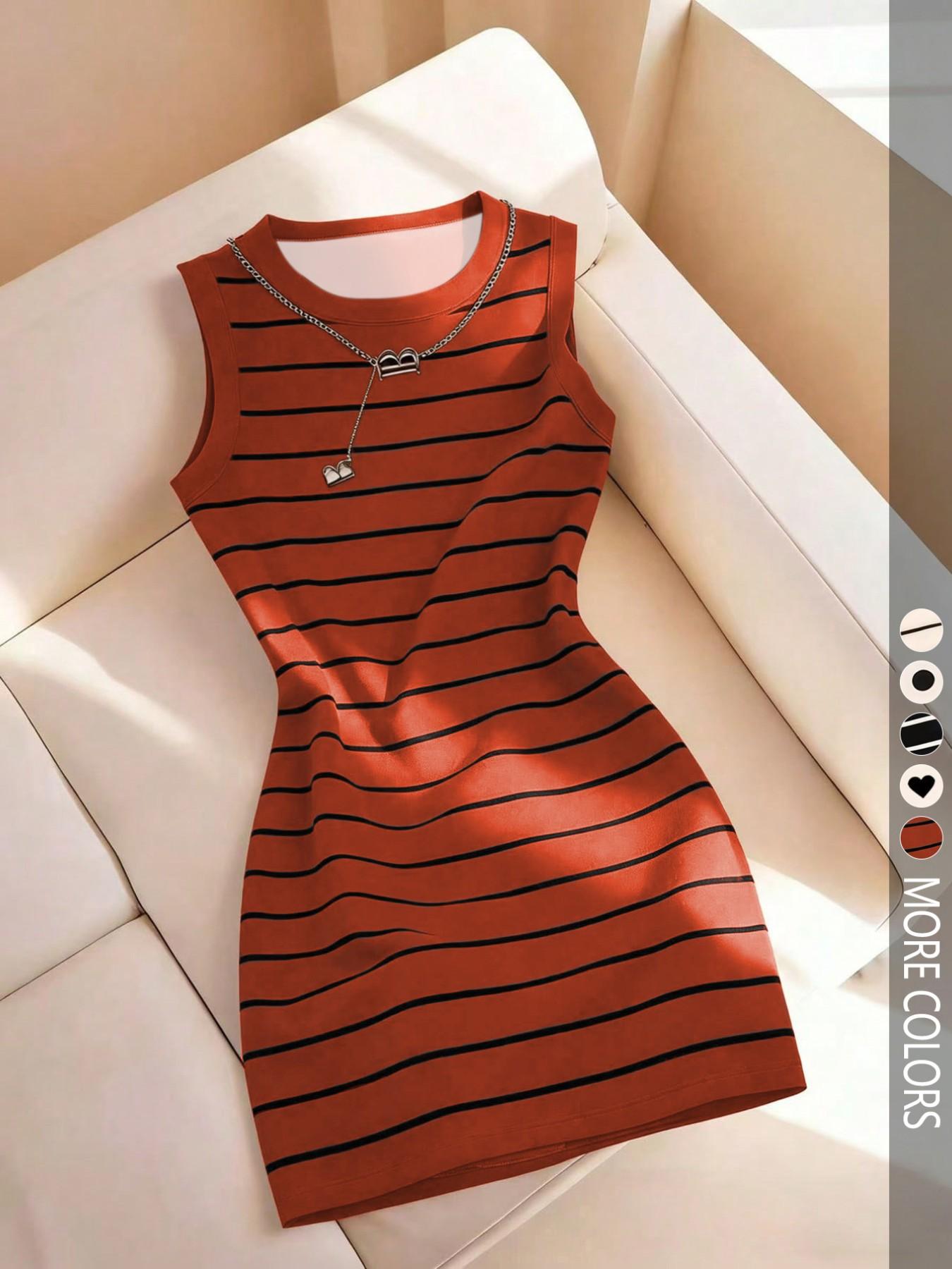 Women's Sleeveless Fitted Bodycon Round Neck Dress with Striped Print, Spring/Summer, Elegance Women's Sleeveless Fitted Bodycon Round Neck Dress with Striped Print, Spring/Summer, Elegance