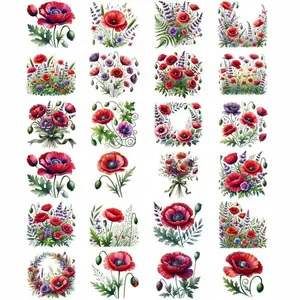Christmas UV DTF Stickers - 24 Sheets Meadow Poppies UV DTF Cup Wrap for Coffee Mugs Glass, DIY UV DTF Decals for Tumblers, Waterproof Rub on Transfers for Crafts
