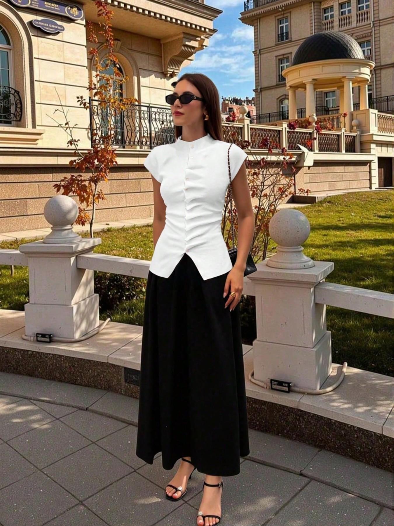 Women's White Stand-Collar Knit Top, Ruched Button-Front Cap-Sleeve Blouse, Slim-Fit Casual Knitted Shirt in Soft Stretchy Fabric, Body Hugging Tops, Button Closure Top, Office Wear, Daily Wear, Business Casual and Date Night, Spring Summer Knitwear