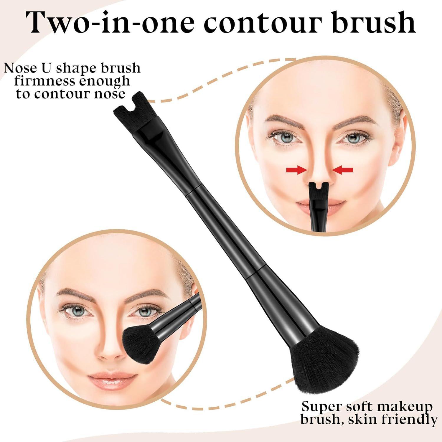 2-In-1 Contouring & Powder Brush Set, U-Shaped Dual Head Multifunctional Makeup Brush for Flawless Highlighting, Soft Bristles Precision Nose Shaping
