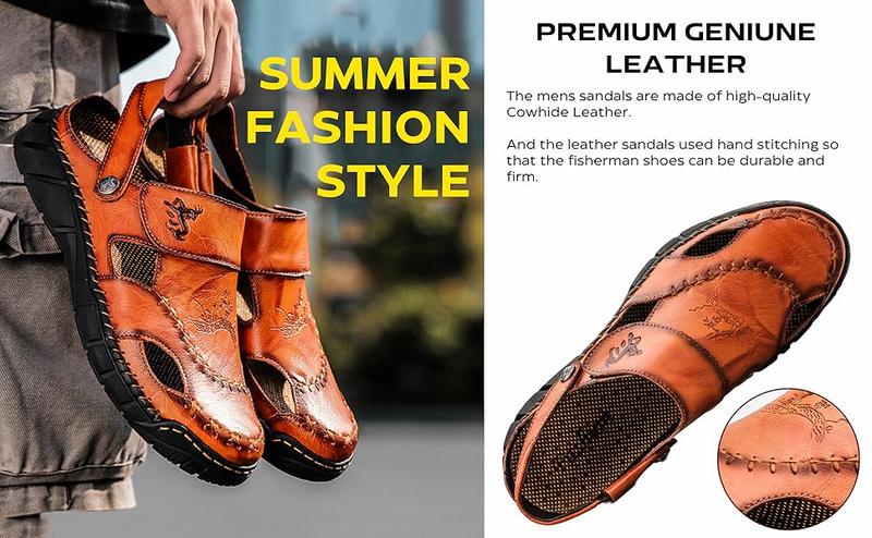 GREKS Men's Casual Hiking Beach Sandals Hand-Stitched Hollow Slip-on Wide Fit Non-Slip Breathable Dark Brown Black