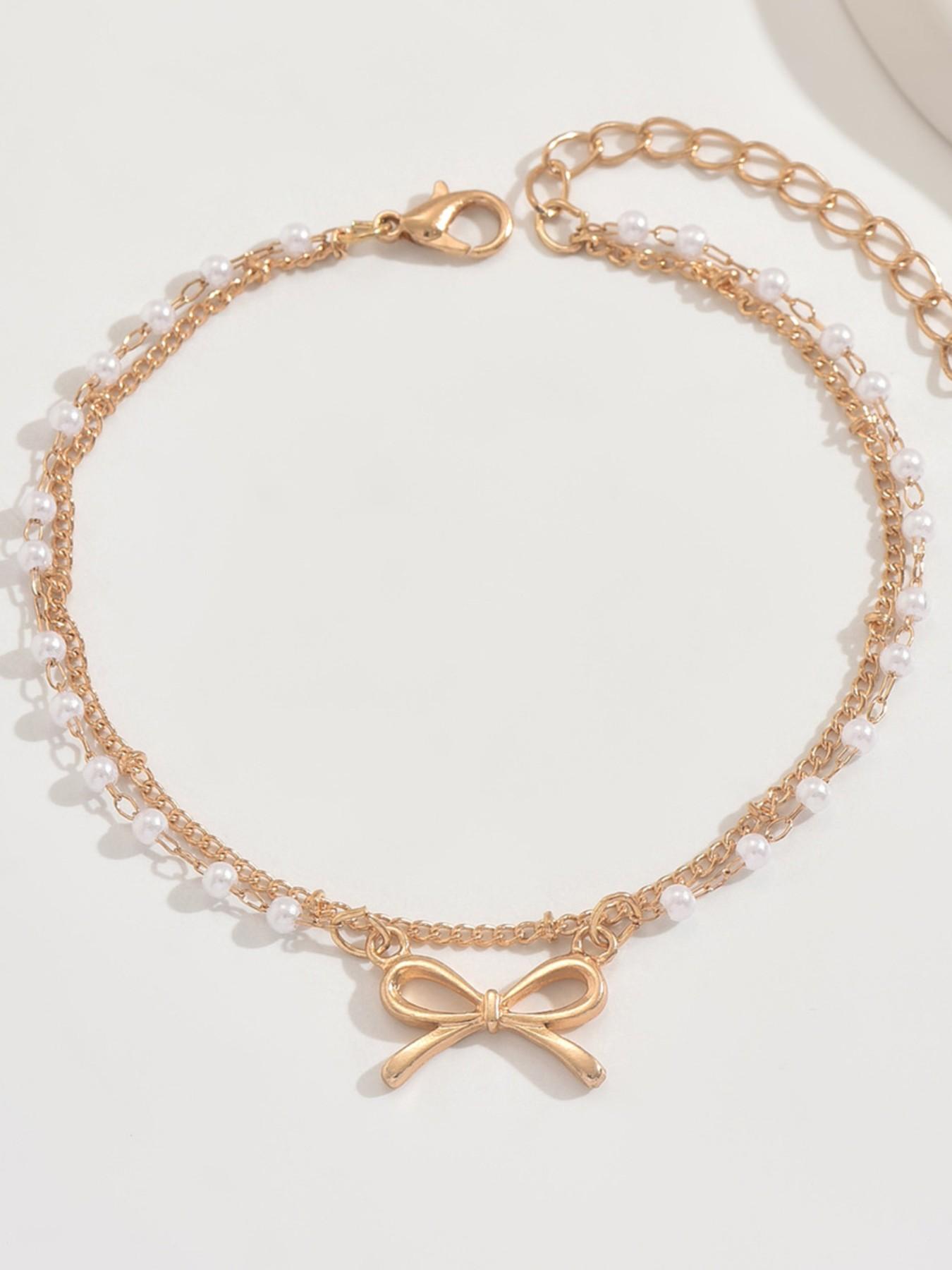 Women's Fashion Anklet, Vintage Summer Vacation Style, Geometric Design, Elegant Faux Pearl Chain with Bow Pendant, Perfect for Beach Parties