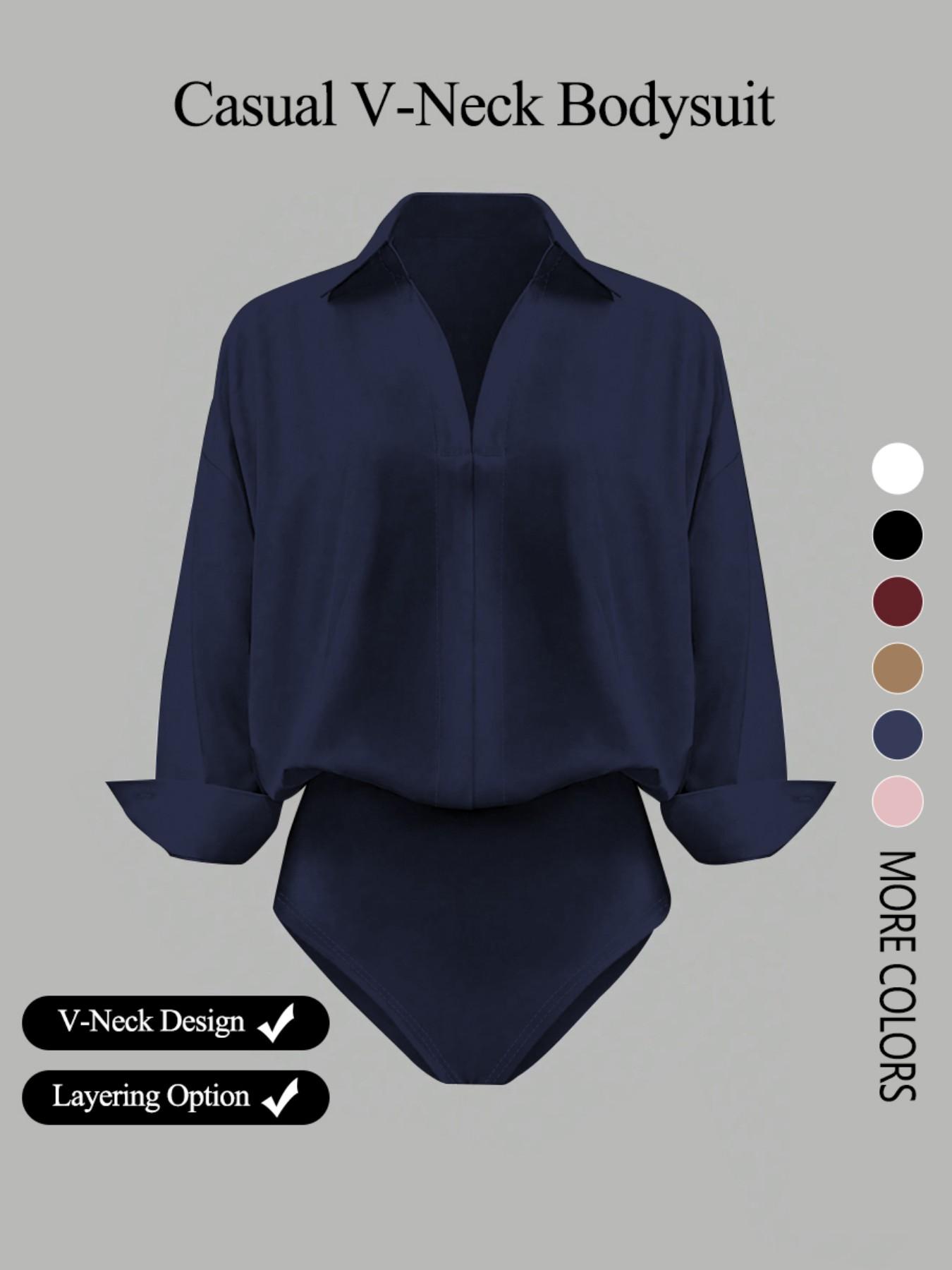 Women's casual loose V-neck long-sleeved shirt jumpsuit, elegant woven fabric, slim fit, suitable for all seasons, and can be layered flexibly.