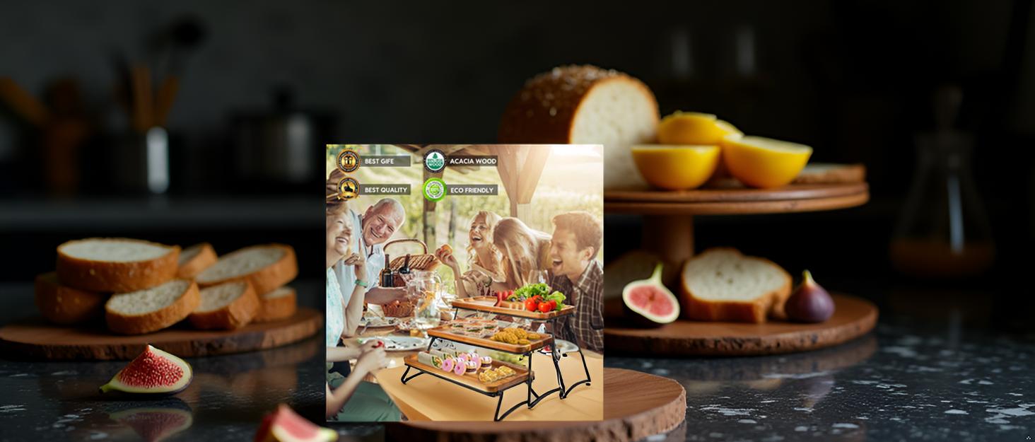 Wood 3 Tier Serving Tray Three Tiered Cupcake Stand, Rectangle Serving Platter Wooden Farmhouse Tiered Tray, Party Serving Brown Decorative Tray Decor