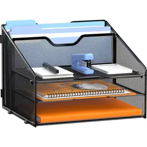 Letter Tray Organizer, Mesh Desk File Organizer with 3 Paper Trays and 2 Vertical Upright Section, Blank