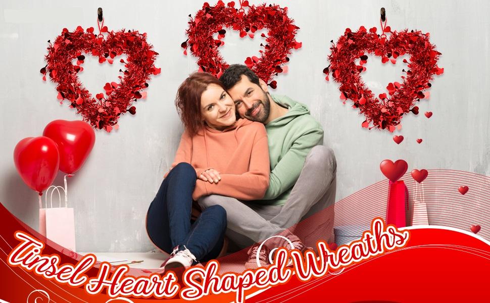 Valentine's Day Heart Wreath 8/6/3 Pcs Red Pink Tinsel Heart Shaped Hanger Wreath for Front Door Window Wall Mantle Kitchen Cabinet Romantic Atmosphere Valentines Decor Wedding Decorations Anniversary Birthday Party Spring Indoor Outdoor Home Decor