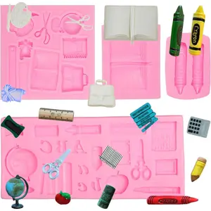 Back to School Silicone Molds 4 Pcs, Book Fondant Mold, Crayon Ruler School Supplies Chocolate Baking Molds for Cake Decoration Cupcake Topper Candy Gum Paste Sugar Craft Resin