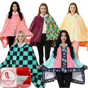 Autumn Winter Japanese Anime Tanjirou Kamado Green Black Checkered Pattern Cosplay Flannel Hooded Robe Home Warm Pink Blanket