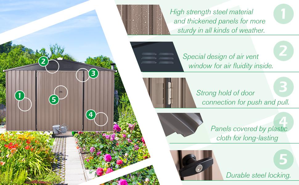 AECOJOY Metal Storage Shed Lockable Doors Steel Frame Galvanized Coating Suitable for Garden Backyard Air Vents Sloped Roof Durable Design Spacious Storage Modern Organizer Patio White Wood