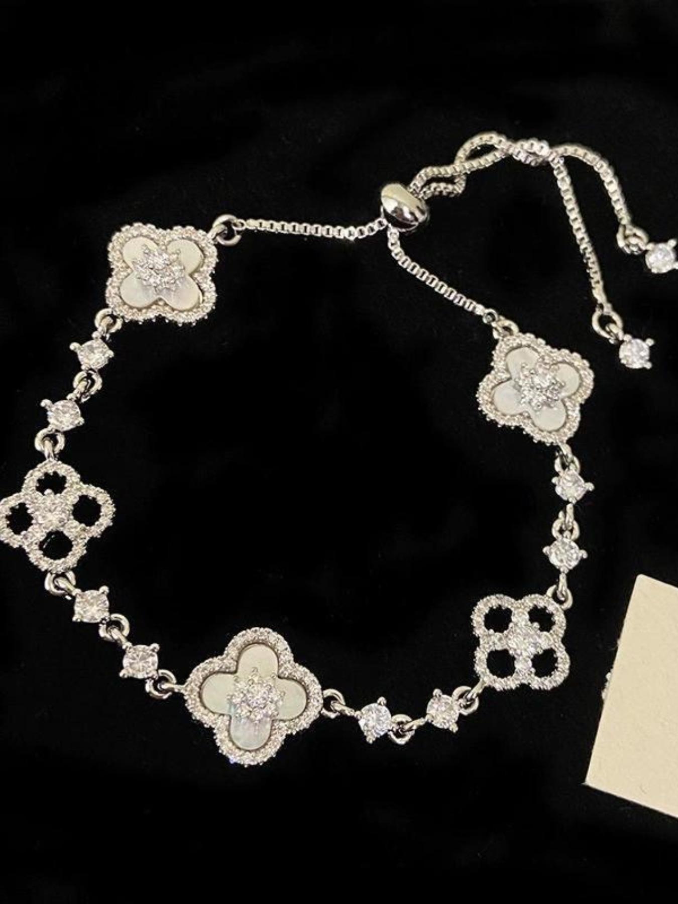 Women's Four-Leaf Clover Bracelet with Sparkling Quartz, Adjustable Allergy-Free Waterproof Design, Rose Option Available, Flower Design Bracelet