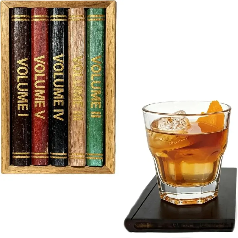 Book Coasters Set of 5 | Wood Coasters - Book-Style Decorative Wooden Coasters for Drinks with Stand | Vintage Novelty Bar Coasters for Coffee, Tea & Cocktail | Unique Library Decor Accent Gift