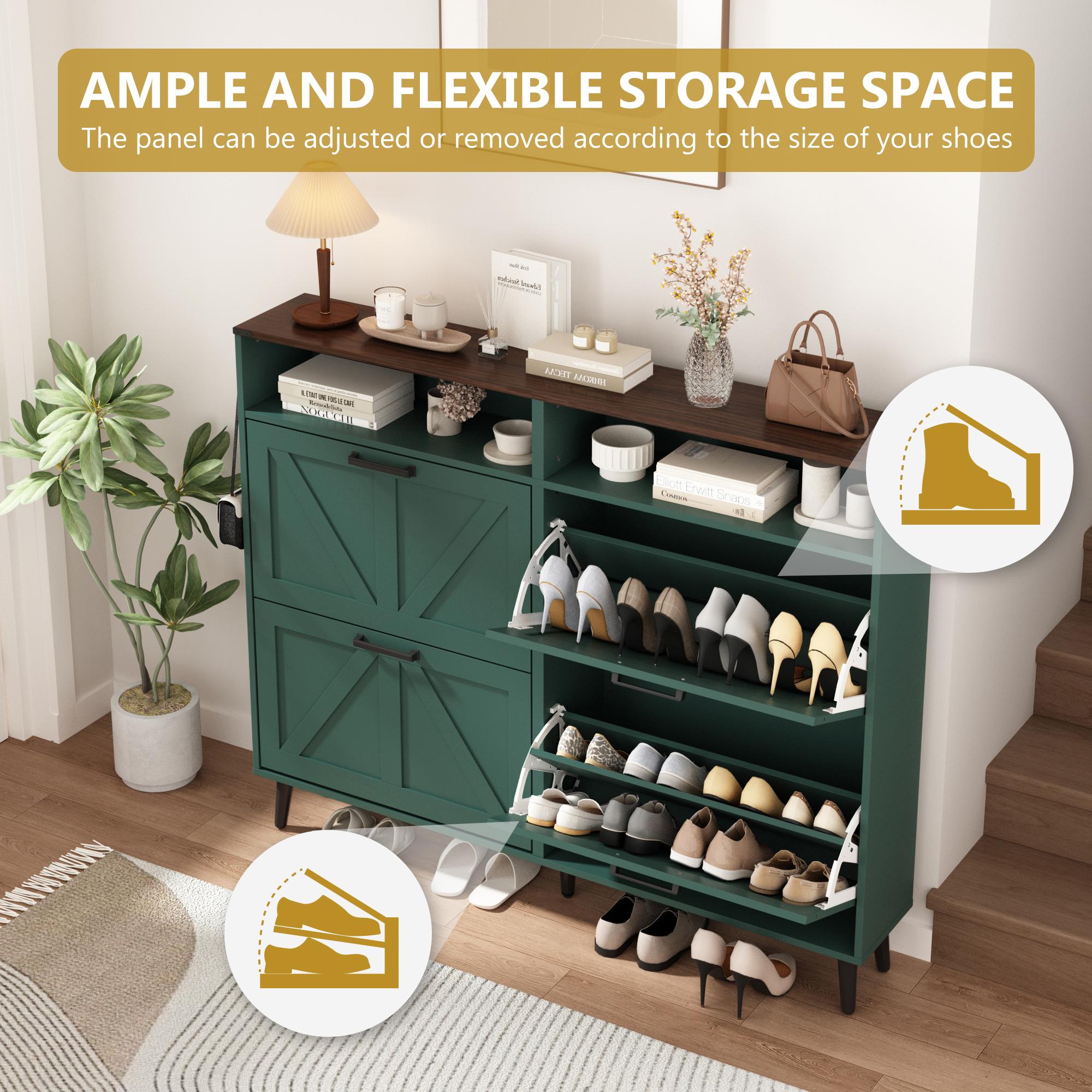 PieDle Furniture Shoe Storage Cabinet,Farmhouse Shoe Organizer with 2-4 Flip Drawers & Barn Door Design,Freestanding Hidden Slim Narrow Shoe Rack Cabinet with Open Storage for Entryway, Foyer,Hallway