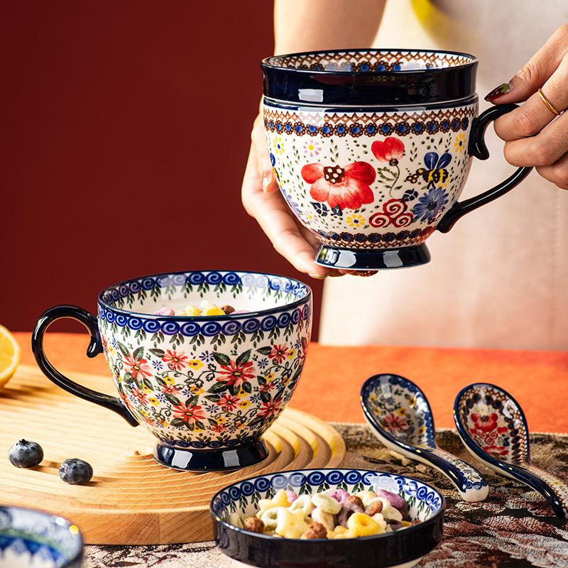 Retro Style Ceramic Mug, Office Coffee Cup, Home Breakfast Cup, Exquisite Polish Water Cup, Floral Pattern, Ideal for Daily Use