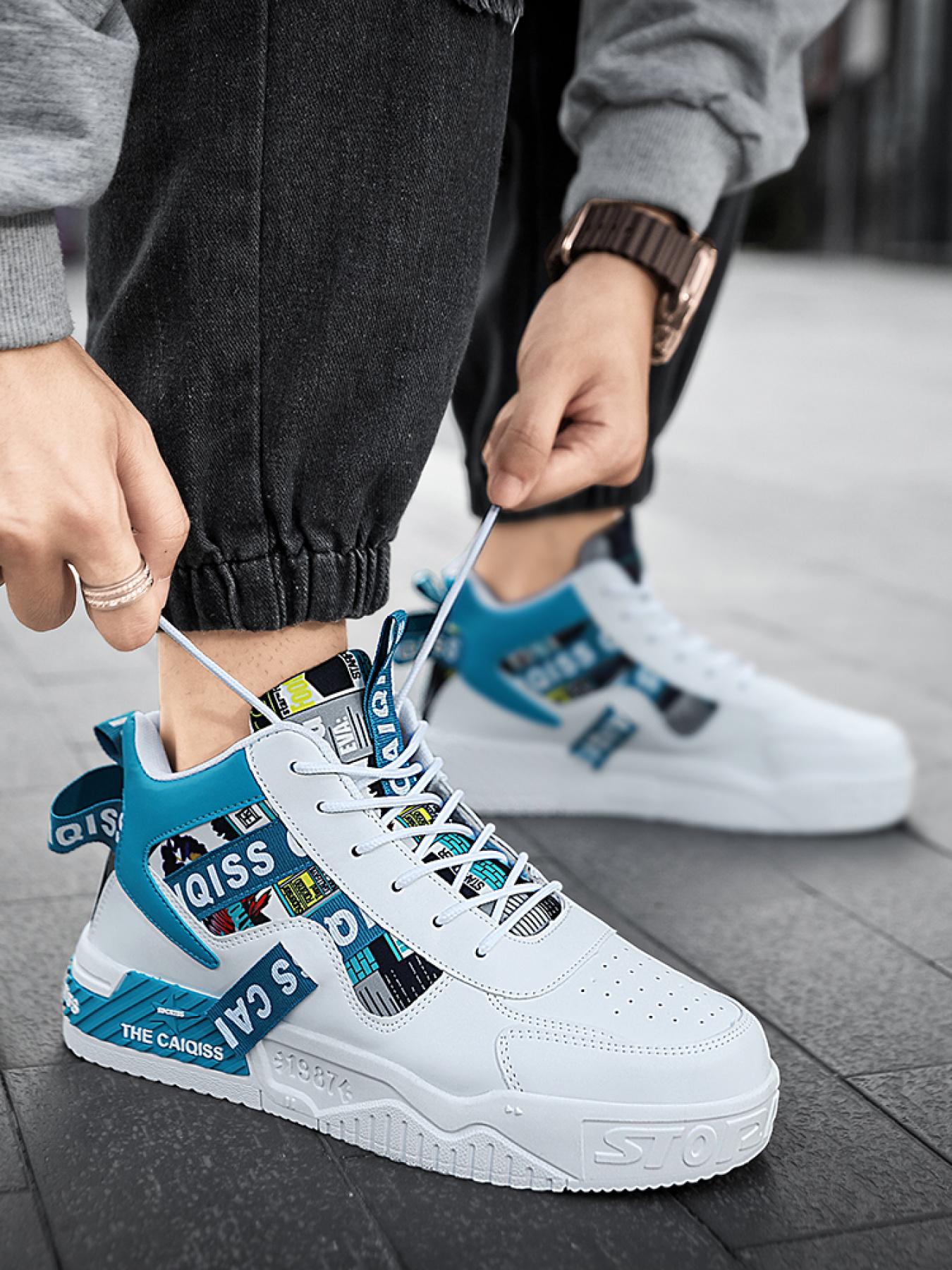 Unisex White-Black Color-Block High-Top Trendy Sneakers, Leather Splicing, Height-Increasing & Anti-Slip, Shock Absorption & Rebound, Street Style Versatile Sports Shoes