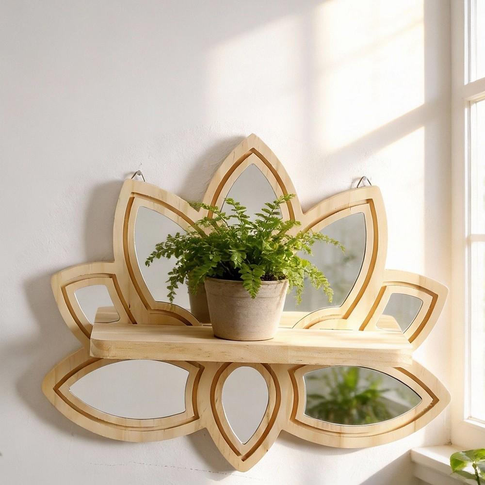 1pc Lotus Flower Wooden Wall Shelf with Mirror, 13.18" Boho Floating Shelf, Rustic Decor for Living Room, Bedroom, Bathroom, Yoga Room
