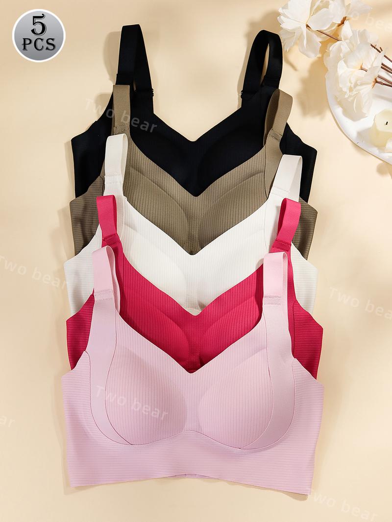 [7/5/4/3Pcs]Women's Solid Four-breastedAdjustable Wireless Bra,Curvy SoftComfortable BreathableRibbed PushUp Seamless Bra,Women's Lingerie forAll Seasons,Womenswear