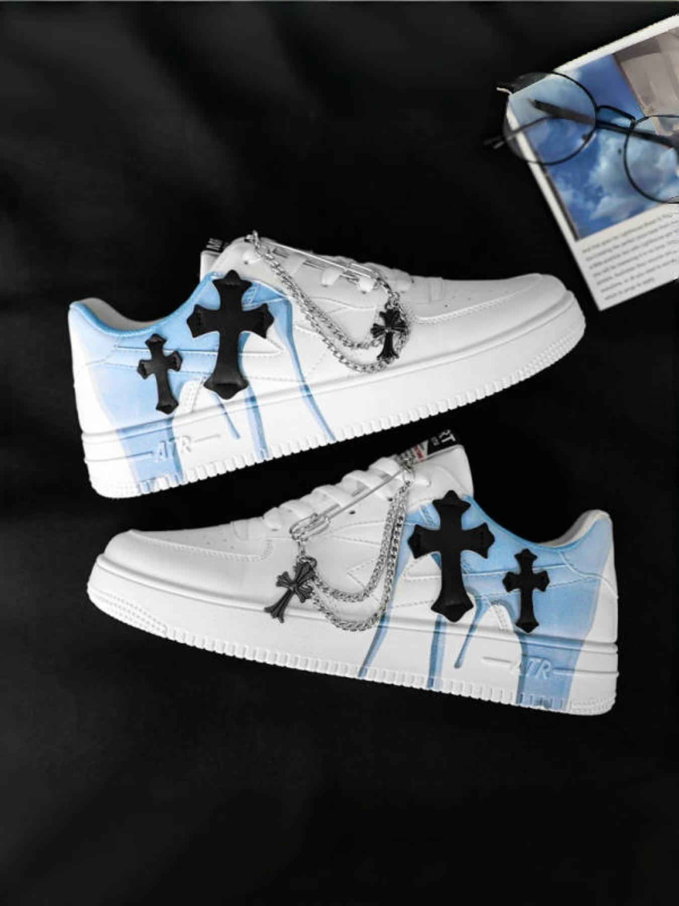 Men's Cross Decoration Low Top Trendy Sneakers Sports Shoes - Durable Upper+Rubber Outsole+Size 39-44 Men's Range Suitable for Daily Wear+Streetwear, Chain Detail Unique Design & Fashionable Eye-Catching