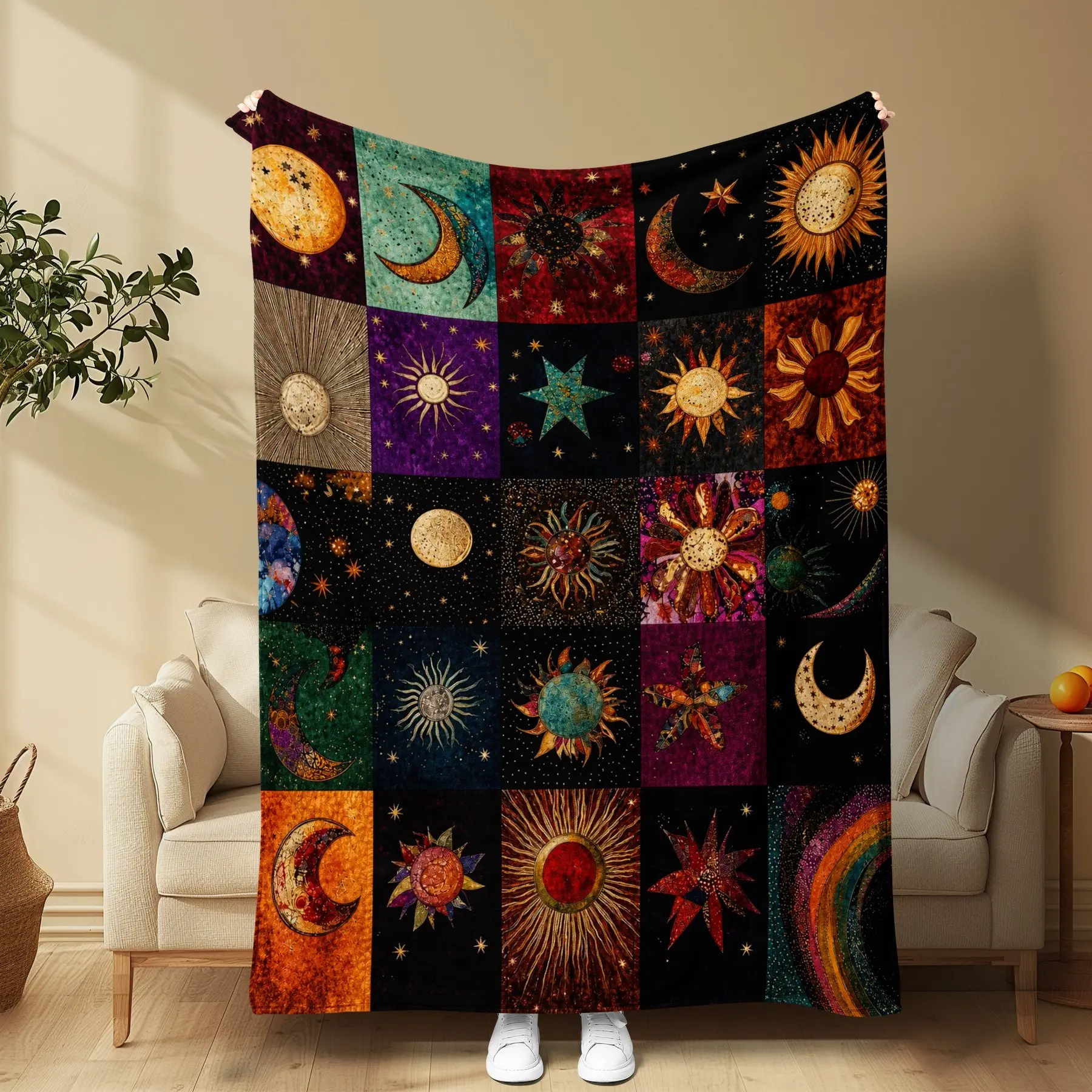 Celestial Sun Moon Star Flannel Fleece Blanket, Vintage Boho Galaxy Space Pattern, Home Decor Blankets, Ultra Soft Warm Cozy Throw, Astrology Lover Gift