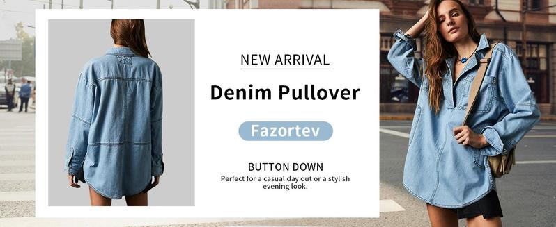 FMEYOA S~2XL Womenswear FallFreshness Denim Pullover Casual Comfort Button V Neck Blouse Loose Fit Tops Longsleeves Jean Jacket With Pocket FMEYOA S~2XL Womenswear FallFreshness Denim Pullover Casual Comfort Button V Neck Blouse Loose Fit Tops Longsleeves Jean Jacket With Pocket