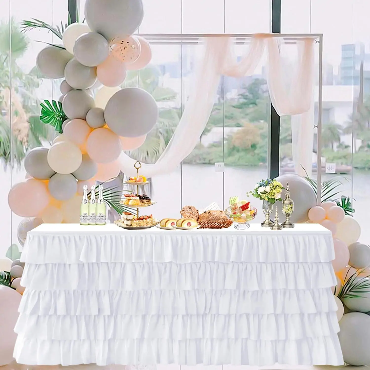 White Tulle Table Skirt 6ft Tutu Ruffled Chiffon Tablecloth for Rectangle Table, Ideal for Wedding Baby Shower Girls Birthday Party Cake Dessert Table Decorations, BrightRainbow, L6ft H30in