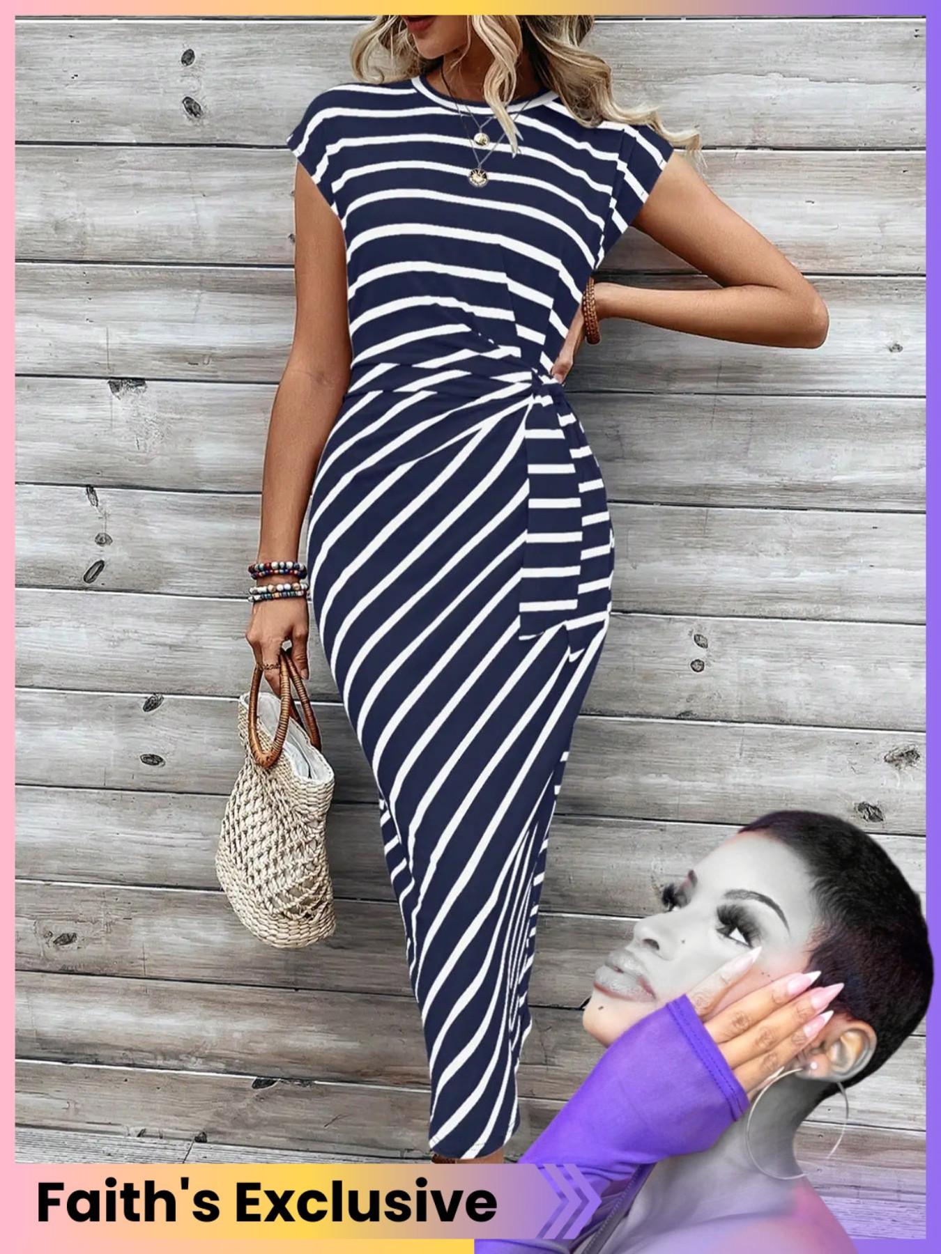 Women's Striped Print Knot Bodycon Dress, Summer Outfits 2024, Elegant Drop Shoulder Short Sleeve Long Dress for Summer, Sundress Maxi Dress, Frenchy Style Ladies Clothes for Beach Holiday
