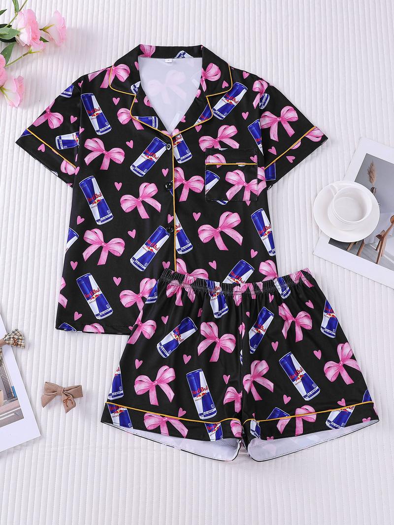 2-piece women's full body pink bow love drink bottle short sleeved shorts soft and comfortable skin friendly smooth top small pocket button closure elastic waistband suitable for all seasons home casual wear pajamas