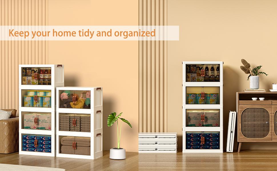 NLDD Stackable Storage Bins with Lid, Foldable Multifunctional Organizer, Folding Storage Box with Doors, Plastic Collapsible Storage Containers Open Front, Used in Living Room,Bedroom,Bathroom