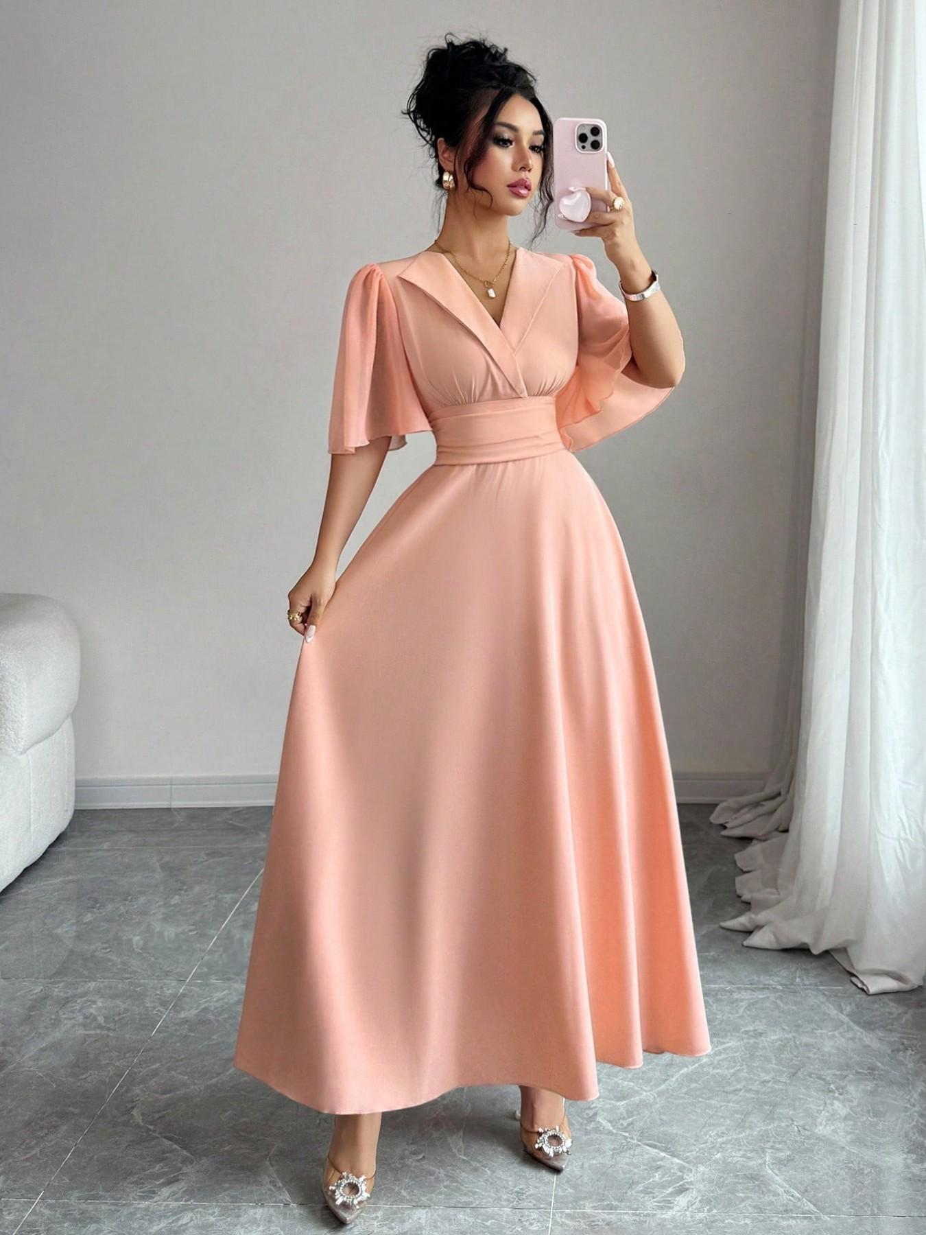 New Women's Lapel Neckline Dress, Waist Ruched Back Tie Chiffon Patchwork, Peplum Sleeves Design, Casual Elegant Chic Summer Dress