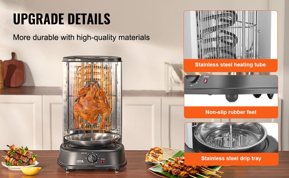 VEVOR Shawarma Grill Machine, Vertical Chicken Shawarma Cooker Machine Countertop, Electric Stainless Steel Broiler Gyro Rotisserie Oven Doner Kebab Machine, for Home Restaurant Kitchen Parties