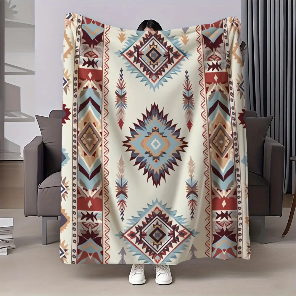 Boho Navajo Aztec Tribal Geometric Quilted Throw Blanket 3 Layer Flannel Vintage Western Native American Ethnic Pattern Home Camping Decor Gift