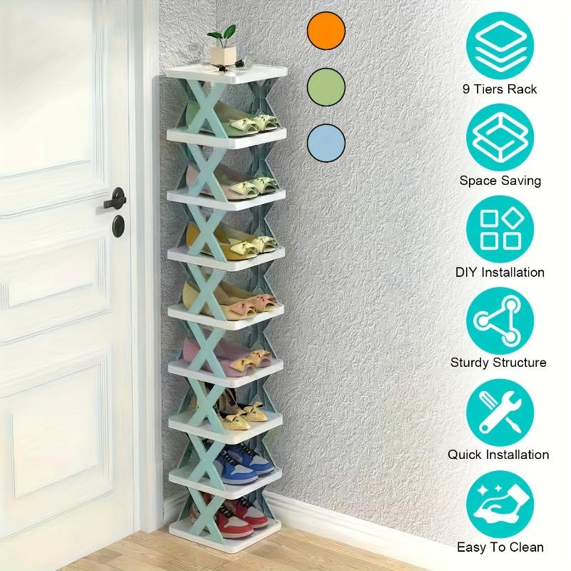 Nine-layer shoe rack. This space-saving vertical shoe rack can hold 9 pairs of shoes. Suitable for wardrobes, corridors, bathrooms, and dormitories. Plastic stackable shoe rack - a multi-functional storage rack for doorways, easy to assemble.