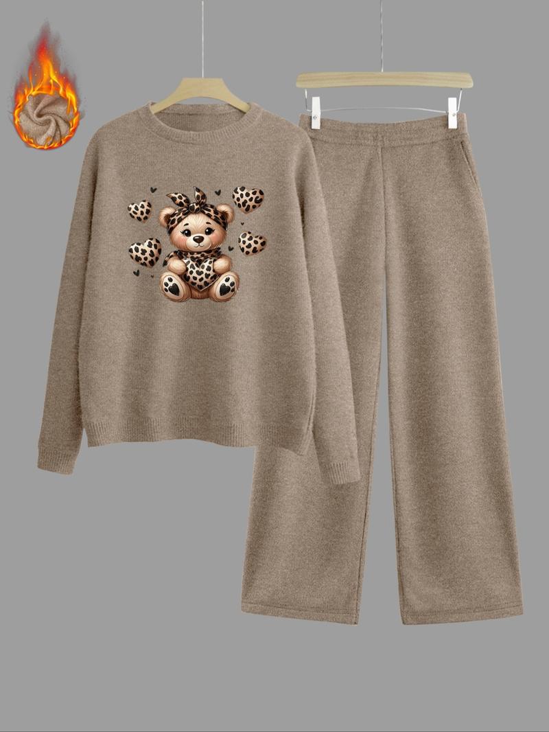 [Autumn/Winter] Leopard Print Bear Print Thickened Knitted Sweatshirt Set for Women, Loose Fit, Slimming Round Neck Long Sleeve Top, High Waist Straight Leg Pants, Casual Sporty Two-Piece Set.