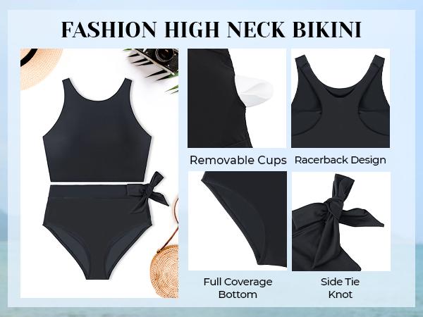Aqua Eve Women High Waisted Bikini Set Racerback Swimsuit Two Piece Bathing Suit High Neck Swimwear Tankini Outfit Activewear