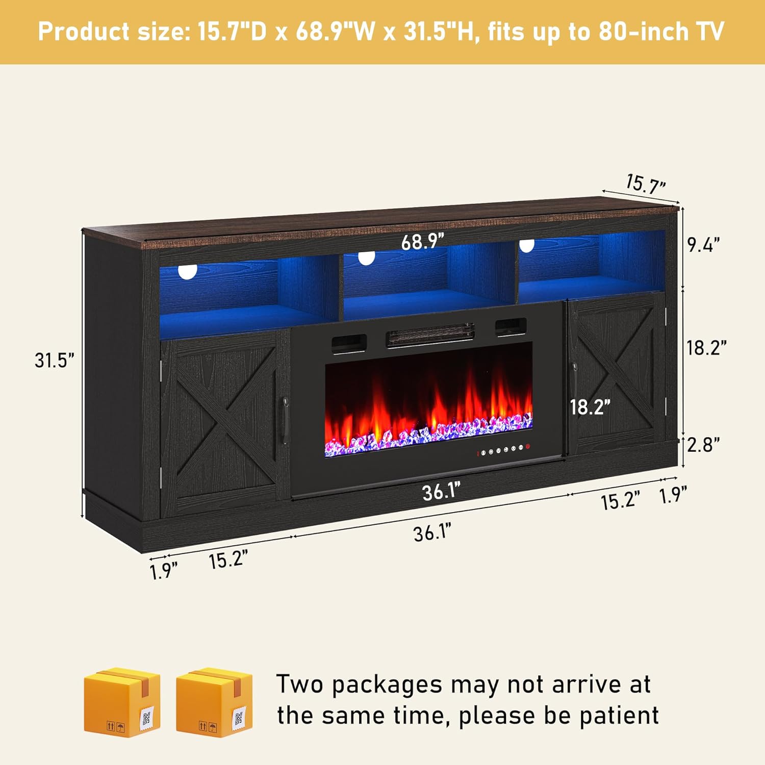 【2Packages Shipping】Farmhouse Fireplace TV Stand for 70/75/80 Inch TV, 32”Tall Entertainment Center w/ 36”Electric Fireplace & LED Light, 70”Media Console w/Barn Door Cabinet for Living Room