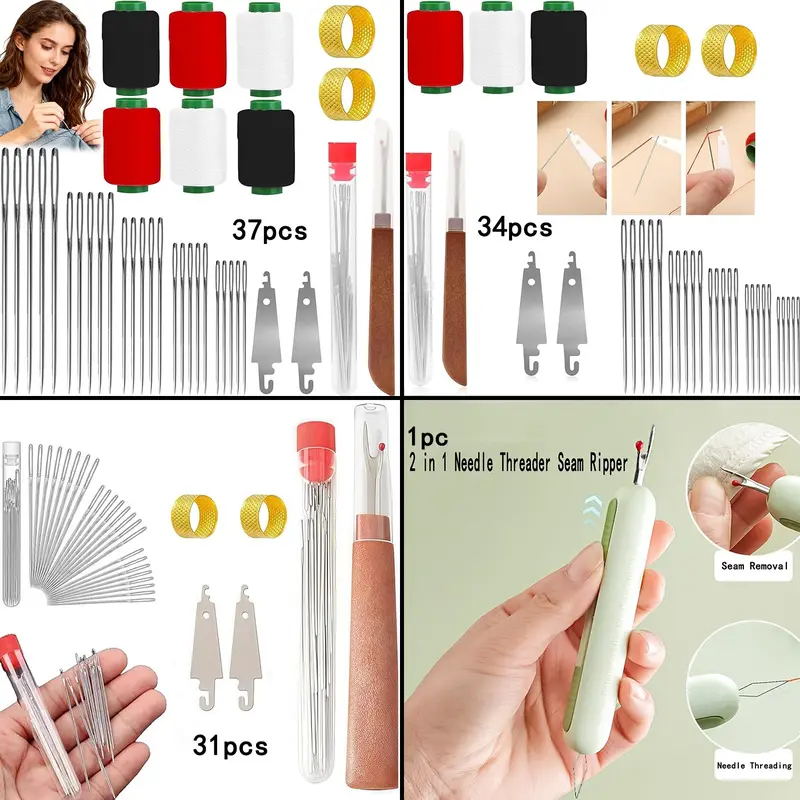 31/34/37Pcs Sewing Tool Set, Sewing Kits, Sewing Supplies Kit, Big Eye Steel Sewing Needle Kit, Threader and Needle Repair Kit Stainless Steel Needles for Hand Sewing, Needle Threader, Seam Ripper