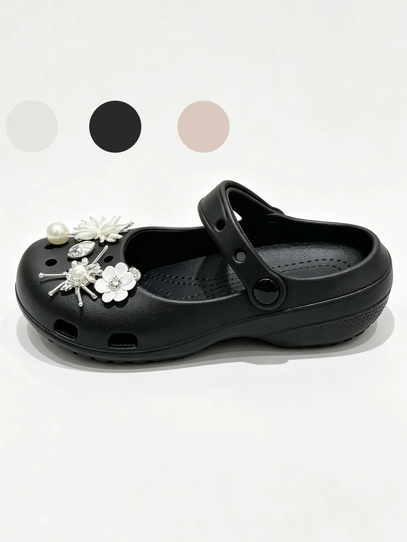 Women's Pearl Silver Flower Mary Jane Sandals, Adjustable Heel, Waterproof Eva Material, Beach Vacation, Daily Commute