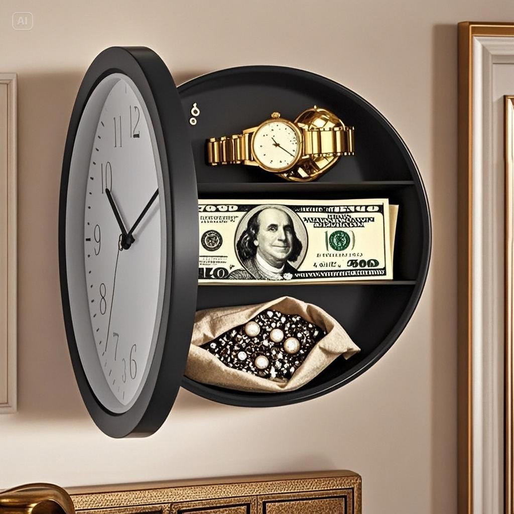 10-inch silent wall clock safe with a secret coin compartment.Multifunctional for storing cash, jewelry, and valuables.Suitable for homes, offices, living rooms, etc.Safe and reliable with a vintage decor.
