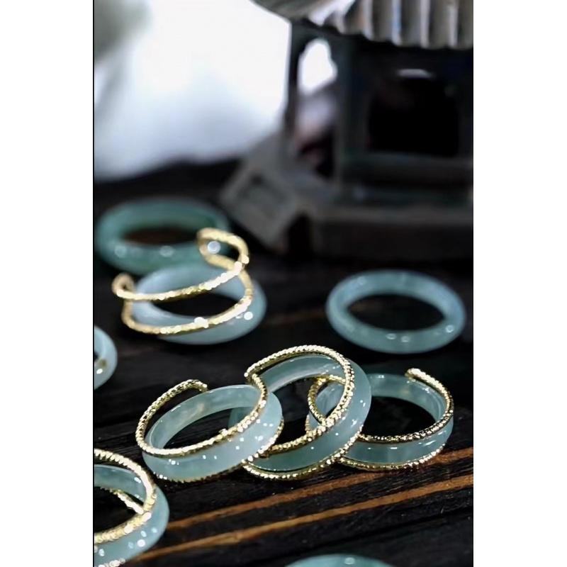 Natural Jadeite A-grade inlaid ring, new style blue water high ice jade ring, tail ring
