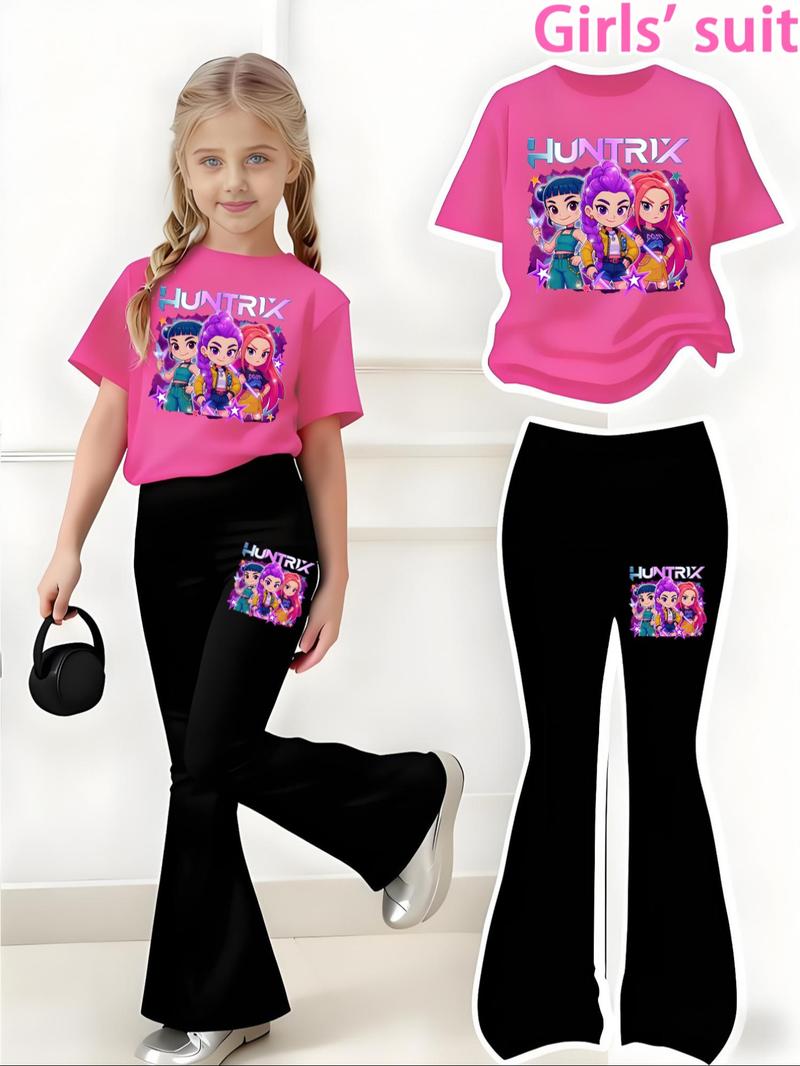 Halloween Christmas Costume Set, Witch Pattern Print 2-Piece Girls Casual Sports Short Sleeve & Bell Bottoms, Youth Trendy Sportswear, Power Girl Outfit