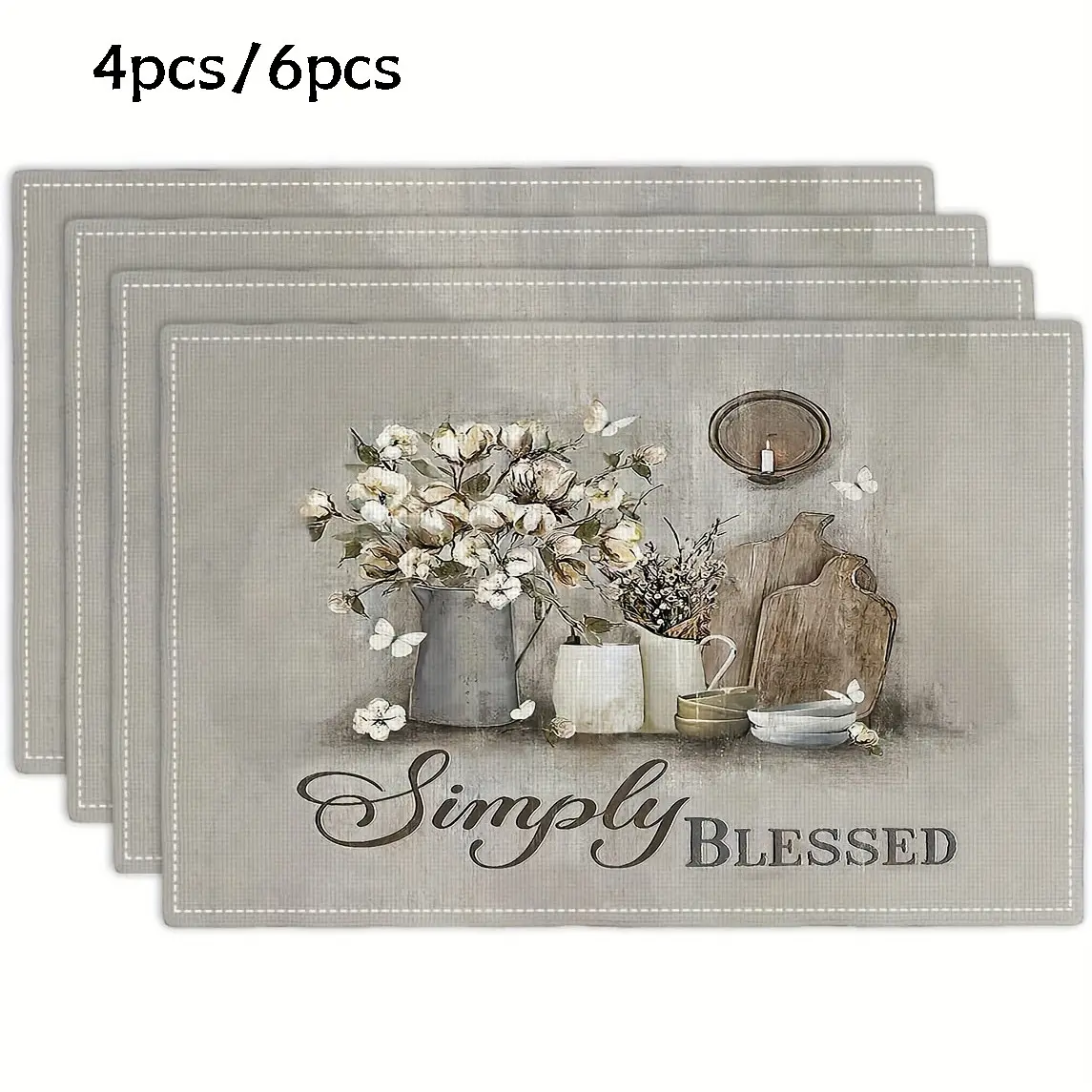 Christian Vase Deocr Table Placemats 4/6pcs,Simply Blessed Letters Printing Place Mats Rectangle Non Slip Heat Resistant Place Mats For Christian Dining Room Decor