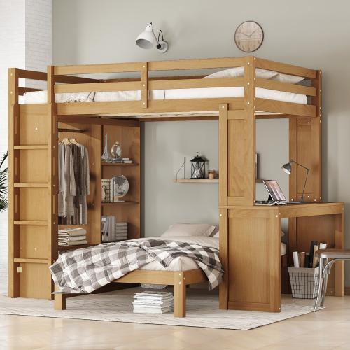 Bellemave Modern Bunk Bed with Dismountable Lower Bed & Built-in Desk Solid Wood Frame Ample Storage Shelves Wardrobe Safety Design Electrostatic Powder Coating