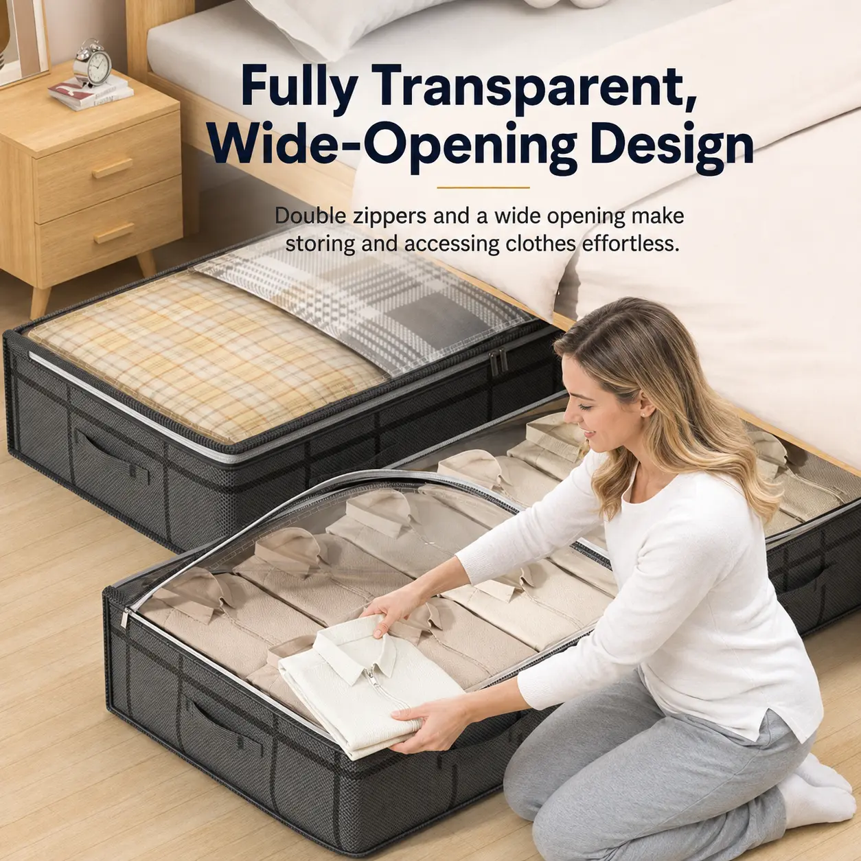2 pieces Under Bed Storage Bag for Quilts and Clothing, Large Foldable Blanket Organizer with Double-Zipper Wide Opening, Dust-Resistant Nonwoven Storage Box for Closet, Bedding and Seasonal Clothes