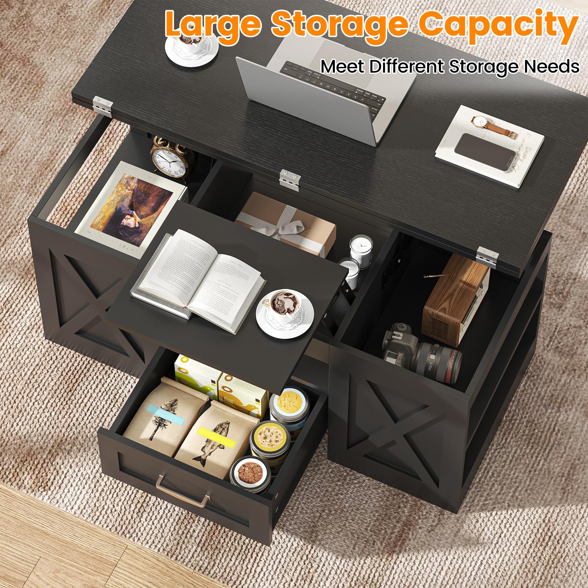 39.37" Large Wooden Farmhouse Coffee Table with Drawer & Open Storage Shelves, Lift Top Coffee Table, Rectangular Living Room Table, Center Table for Living Room, Home Office