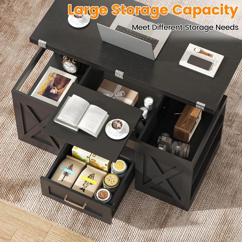 39.37" Large Wooden Farmhouse Coffee Table with Drawer & Open Storage Shelves, Lift Top Coffee Table, Rectangular Living Room Table, Center Table for Living Room, Home Office