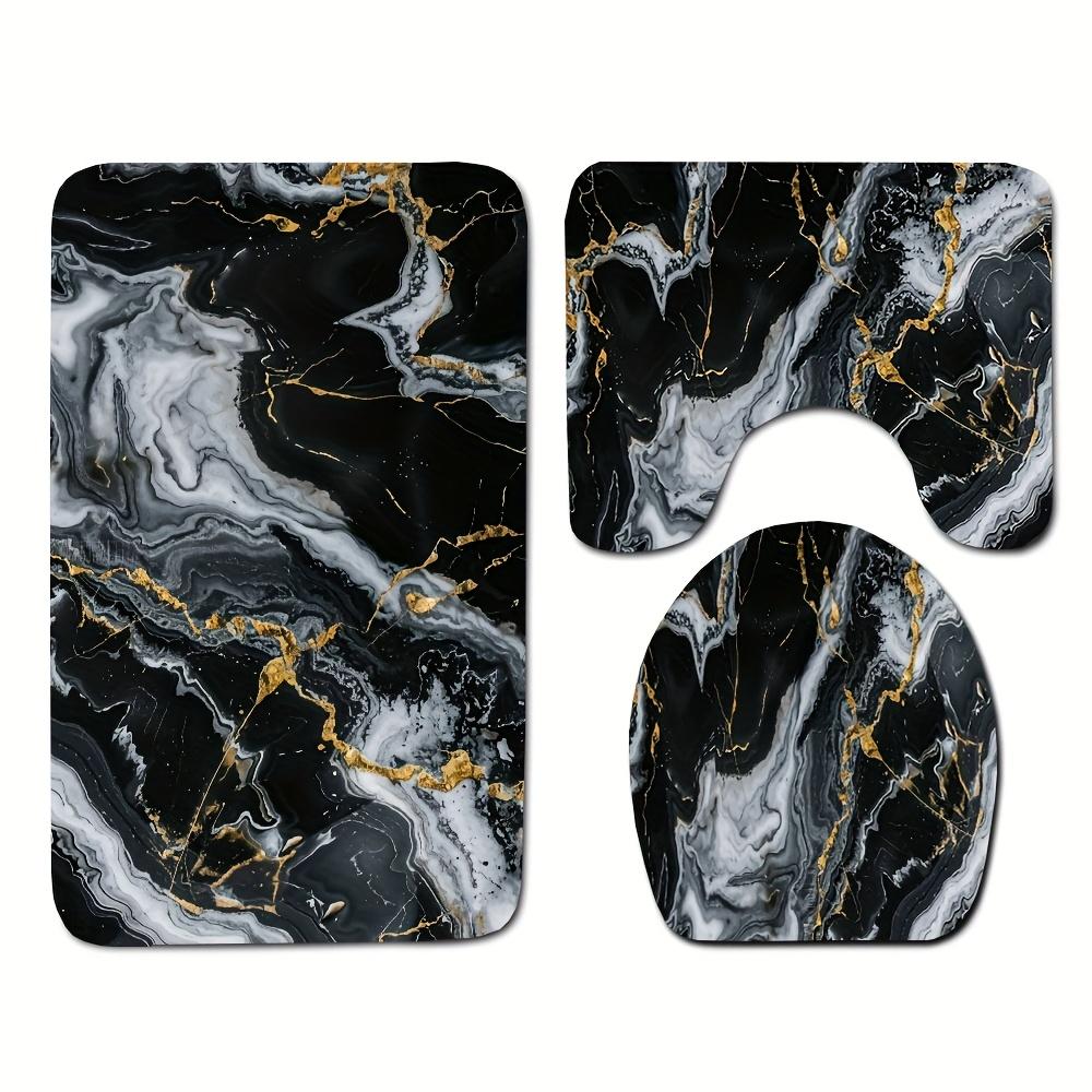 3pcs Black and Golden Faux Marble Pattern Rug Set, 0.8cm Flannel Material, Modern Minimalist Style, Non-Slip Bath Mat, O-Shaped Non-Slip Toilet Seat Cover, Exquisite Home Decor Set
