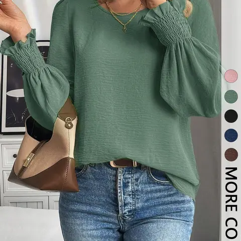 Women's Plain Blouse, Casual Round Neck Top for Spring & Fall, Women's Clothing for Daily Wear