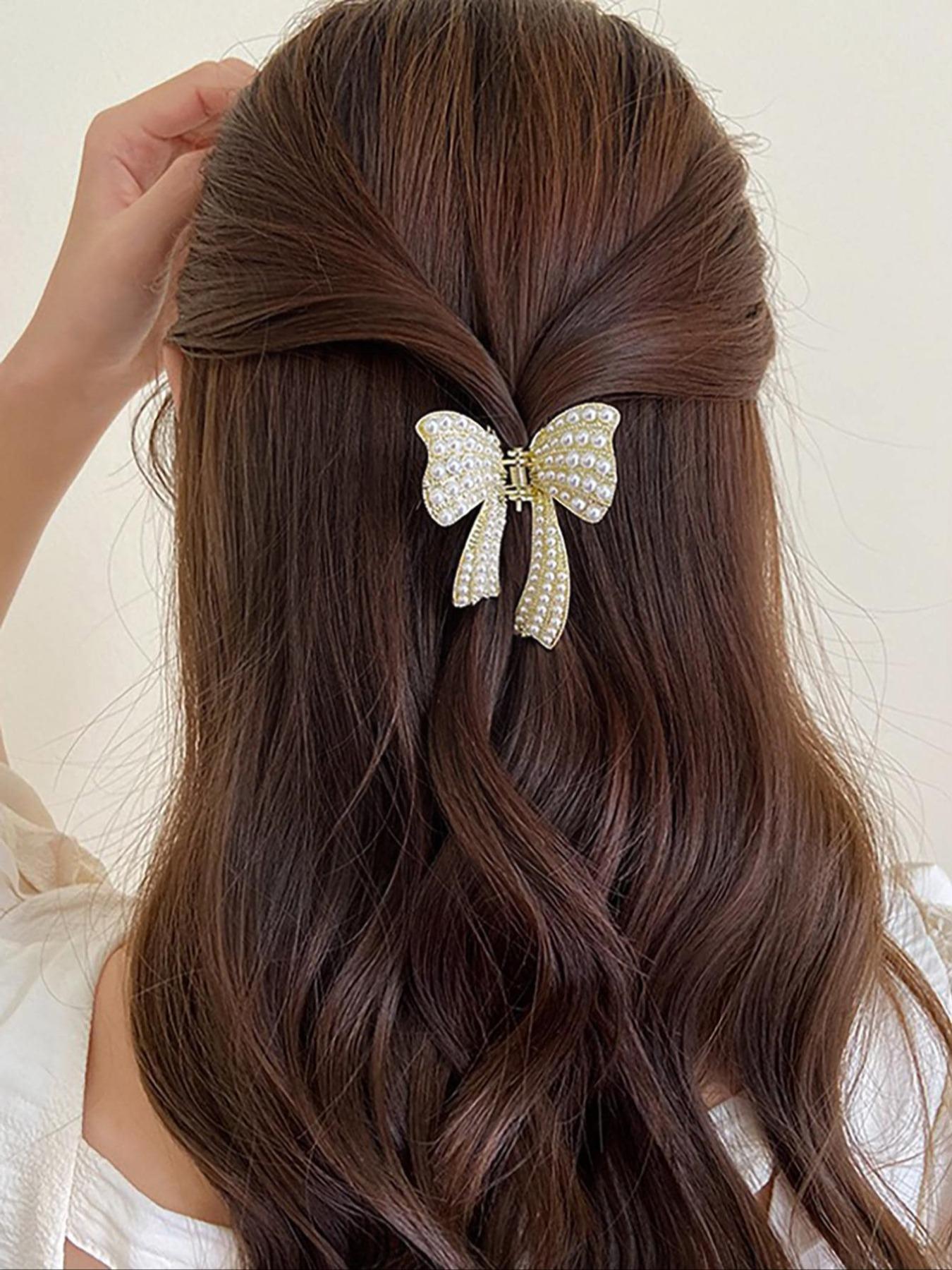 Elegant Faux Pearl Decor & Textured Metal Decor Hair Claw, Bow-shaped Hair Claw, Fashion Butterfly Design Hair Accessories for Women & Girls, Ponytail Claw Clip, Butterfly Clips, Barrettes