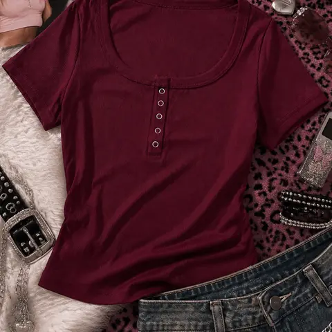 Women's Summer Knitted Simple Basic Y2K Four-Season T-Shirt, Spliced Lace Fake Two-Piece Bustier Ladies' T-Shirt, Women's Casual Commute Buttoned Short-Sleeve Slim-Fit T-Shirt, Summer Style Jujube Red Ribbed Women's Top, Womenswear