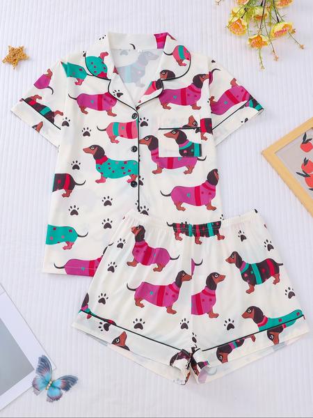 Women's Dachshund Print Shirt & Elastic Waist Shorts Pajama Two-piece Set, Casual Comfy Short Sleeve Top & Shorts Loungewear Set, Ladies Sleepwear for Summer, Womenswear