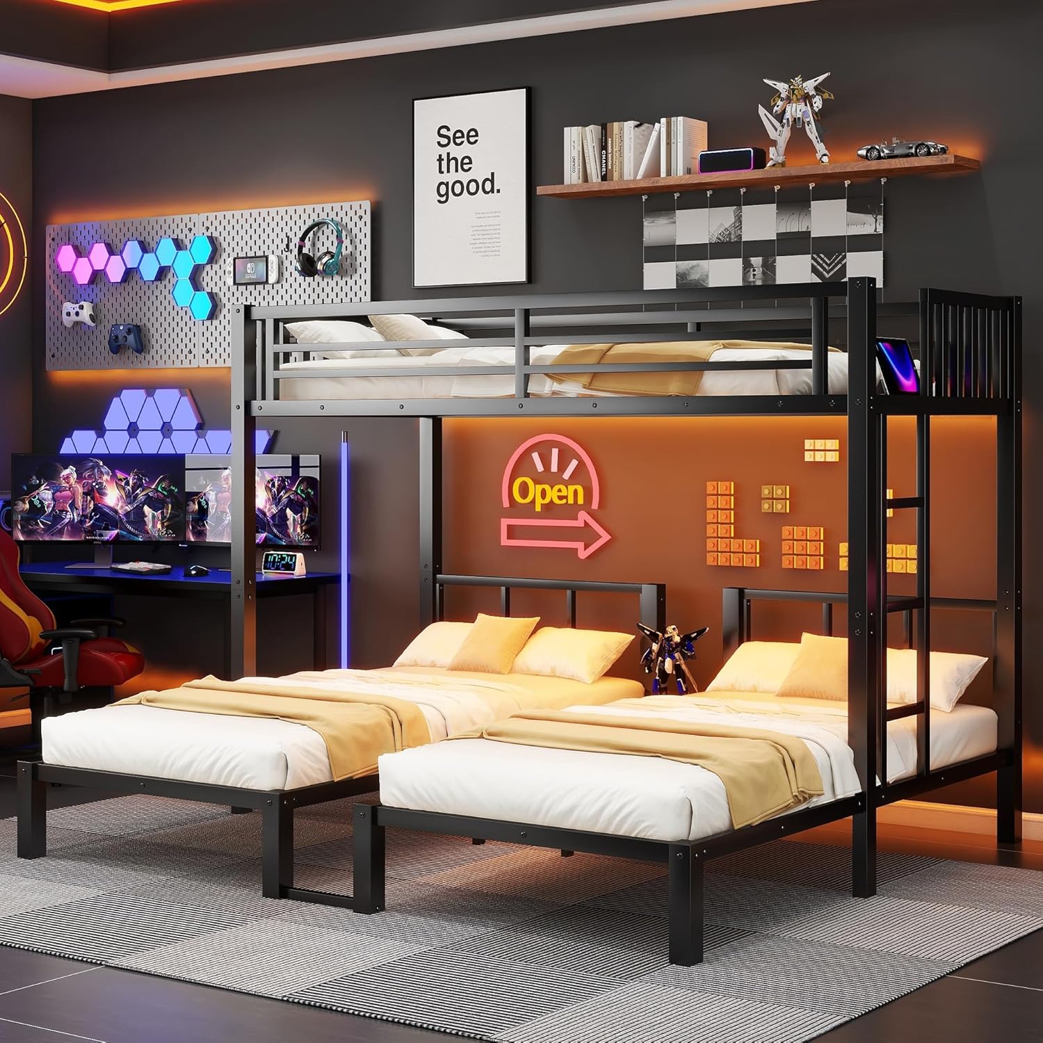 Metal Triple Bunk Bed Twin over Twin & Twin Bunk Beds for 3, Twin XL over Twin & Twin Bunk Bed Heavy-Duty Metal Triple Bunk Bed Frame, Noise Free,Can be converted into 3 separate beds